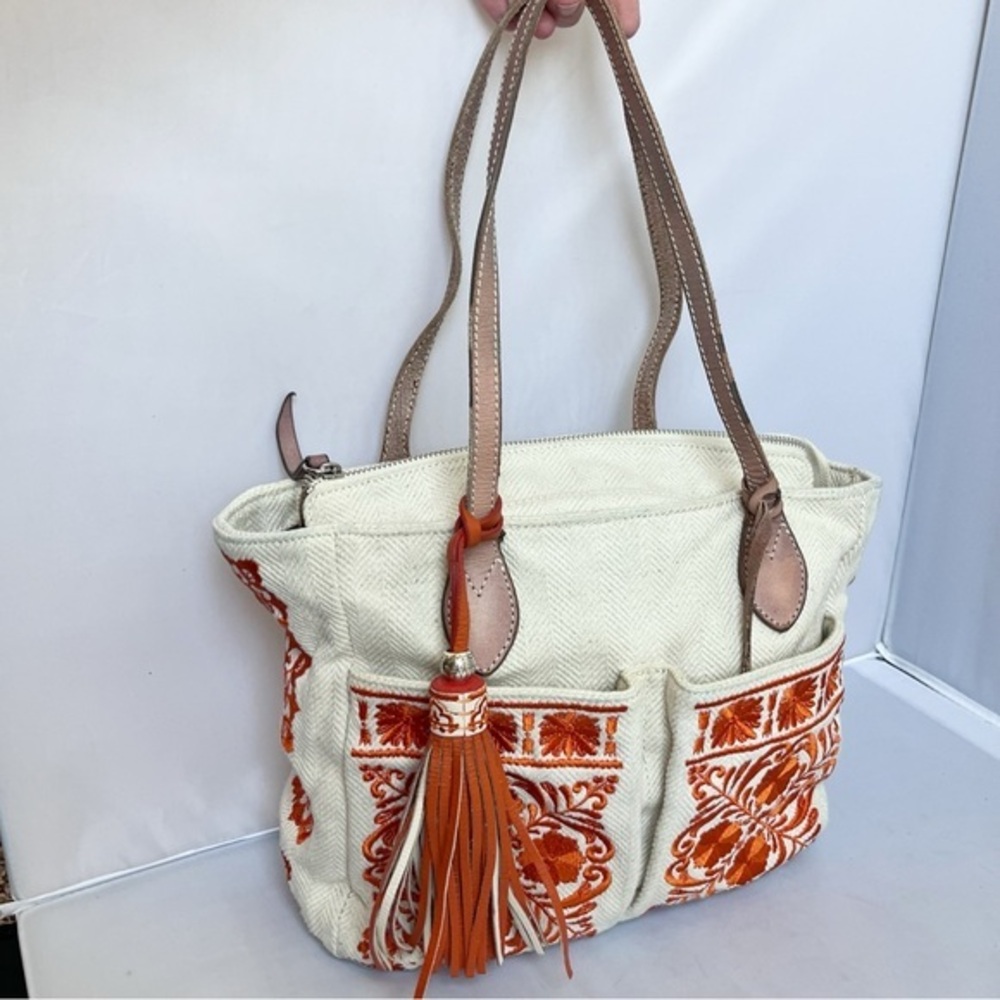 Brighton Embroidered Orange Floral on Cream shoulder bag with tassel